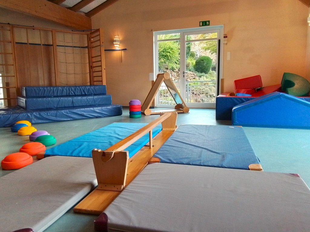 Ansicht des Turnraums mit Balanciermöglichkeiten und Matten, sowie Kletterwand und Klettergeräten
