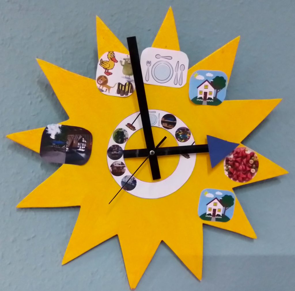 Eine Uhr in Form einer Sonne, die Auskunft über die Aktivitäten in der Kita zu einer bestimmten Uhrzeit gibt.
